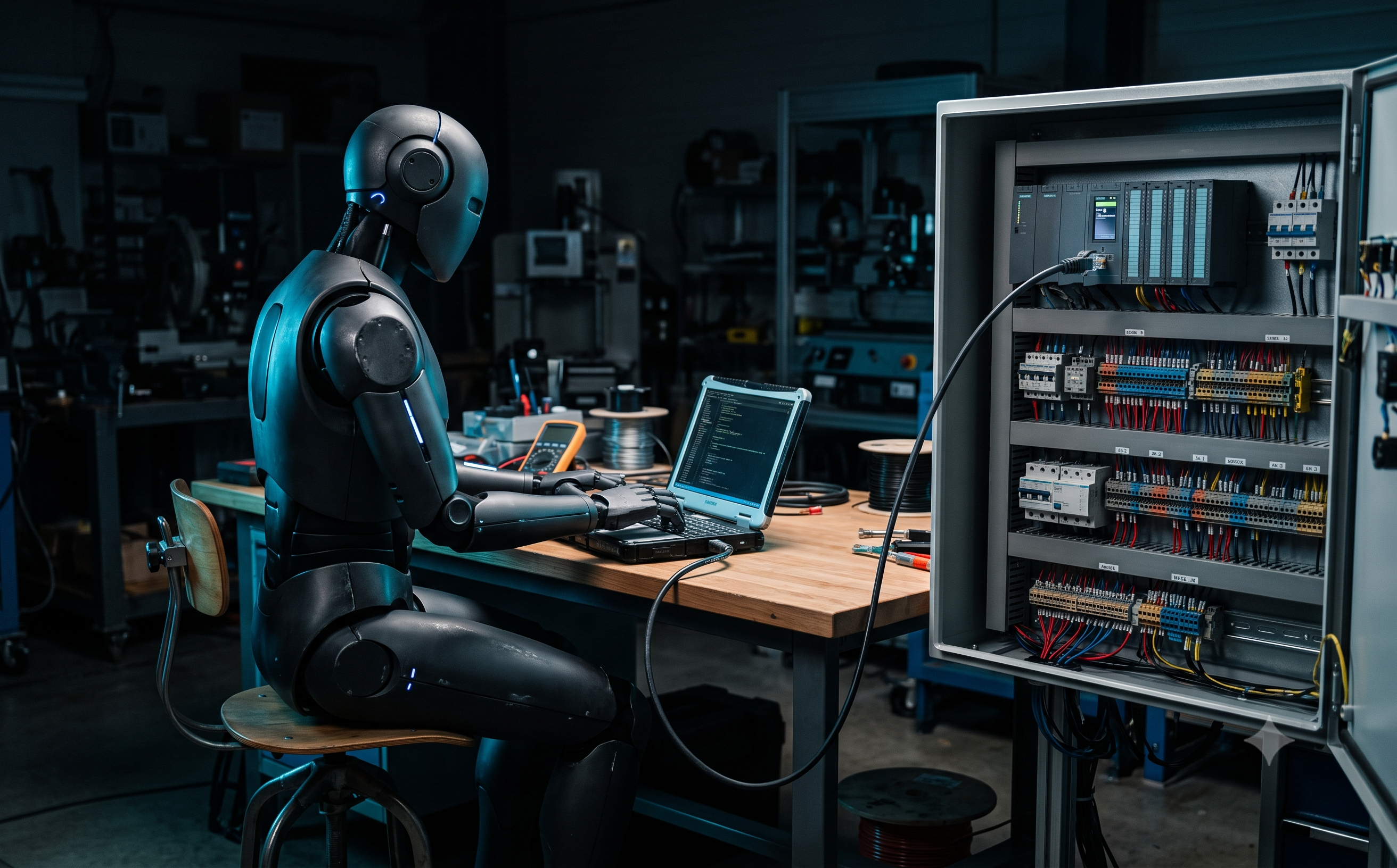 Robotický asistent pripojený cez notebook k PLC rozvádzaču v automatizačnej dielni